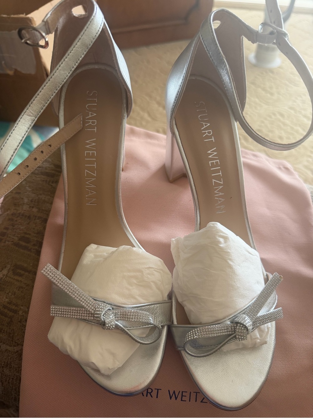 Stuart Weitzman Silver Bow Ankle-Strap Block Heels size 10 brand new with box